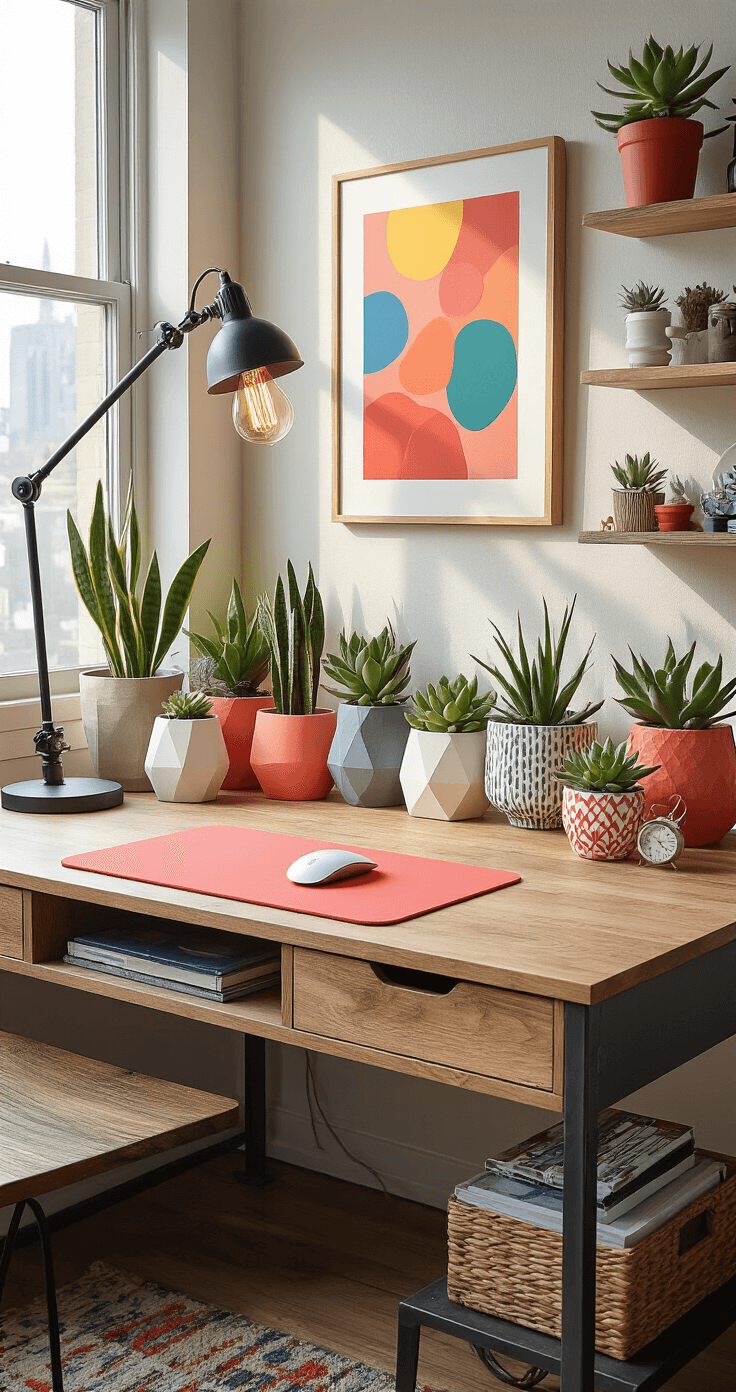 A vibrant and dynamic workspace showcasing a coral mouse pad, geometric succulent planters, a bold abstract art print, an industrial desk lamp, and an organized cable management system, all set on a mixed material desk with open shelving. Natural light streams through a side window, casting dynamic shadows in this creatively chaotic yet intentional layout.