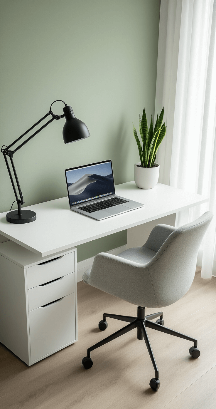 Ultra-modern minimalist Scandinavian home office with soft sage green walls, featuring a sleek white desk, ergonomic light gray chair, matte black lamp, and a potted snake plant, illuminated by soft morning light filtering through large windows.