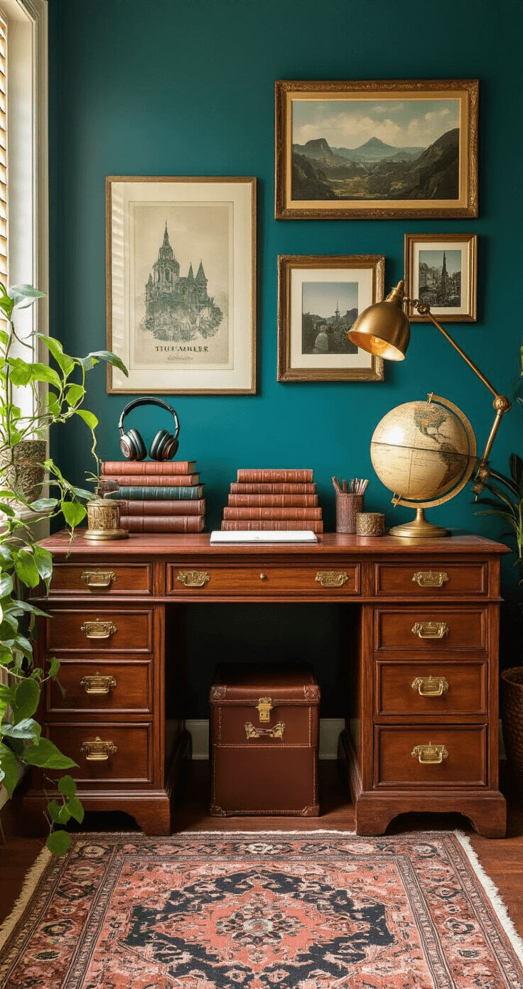 Maximalist workspace featuring a deep teal wall, a vintage wooden desk with brass accents, layered artwork and travel photographs, rich textured organizers, a vintage globe, leather-bound books, a brass lamp casting warm light, a pothos plant, and a Moroccan-style desk mat, all captured in warm golden afternoon light.