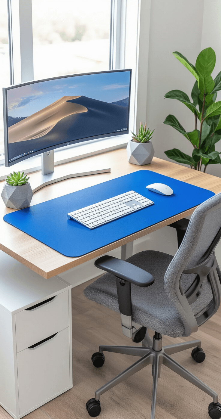 Ergonomic home office setup featuring a bright cobalt blue desk mat, brushed aluminum monitor riser, matte white wireless keyboard and mouse, dual monitors, charcoal gray ergonomic chair, minimal desk accessories in blue and gray, a small succulent in a geometric concrete planter, integrated cable management, and natural light from a side window, all captured from a slightly lower angle.
