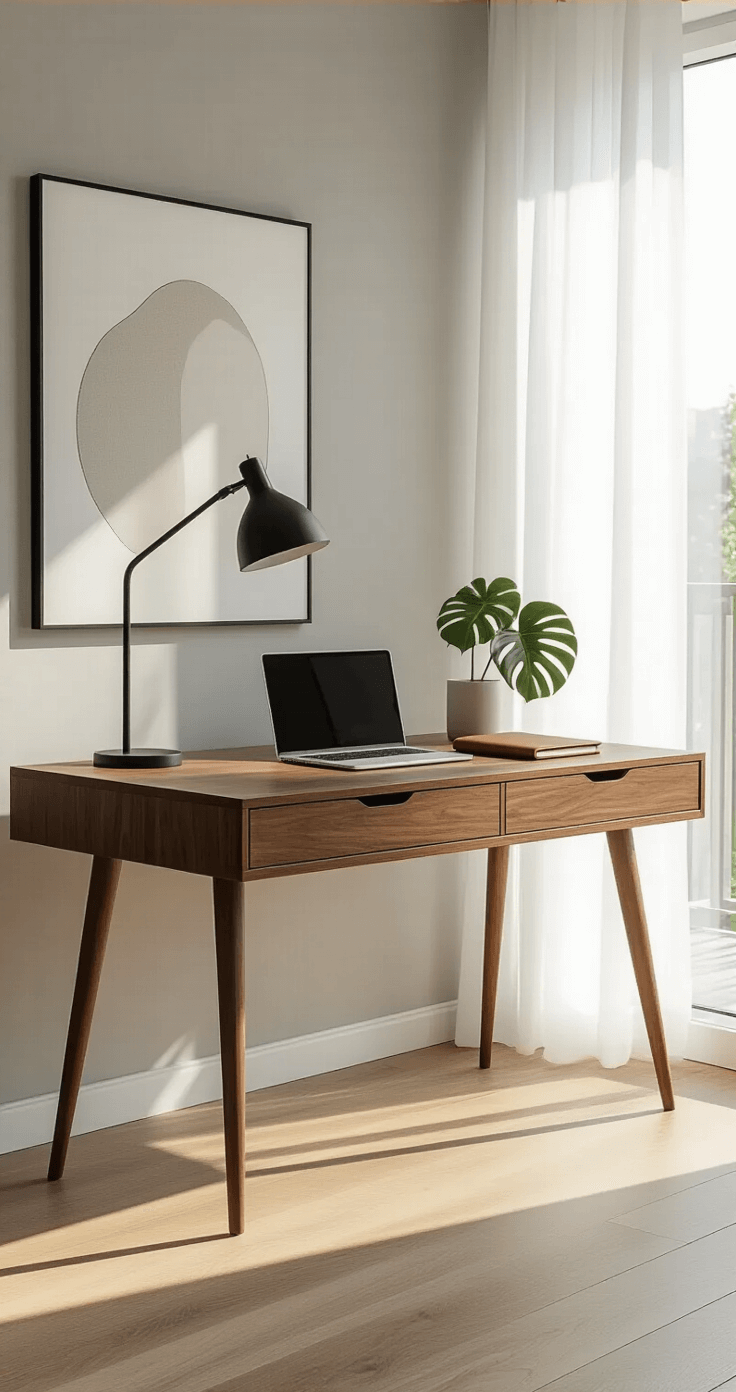 A minimalist bedroom workspace featuring a sleek walnut writing desk with two slim drawers, positioned by a large window with soft morning light. The pale gray wall showcases modern abstract art, while a matte black desk lamp and a small potted monstera plant add detail. The hardwood floors reflect gentle sunlight, and a MacBook Pro with a leather notebook are neatly arranged on the desk.