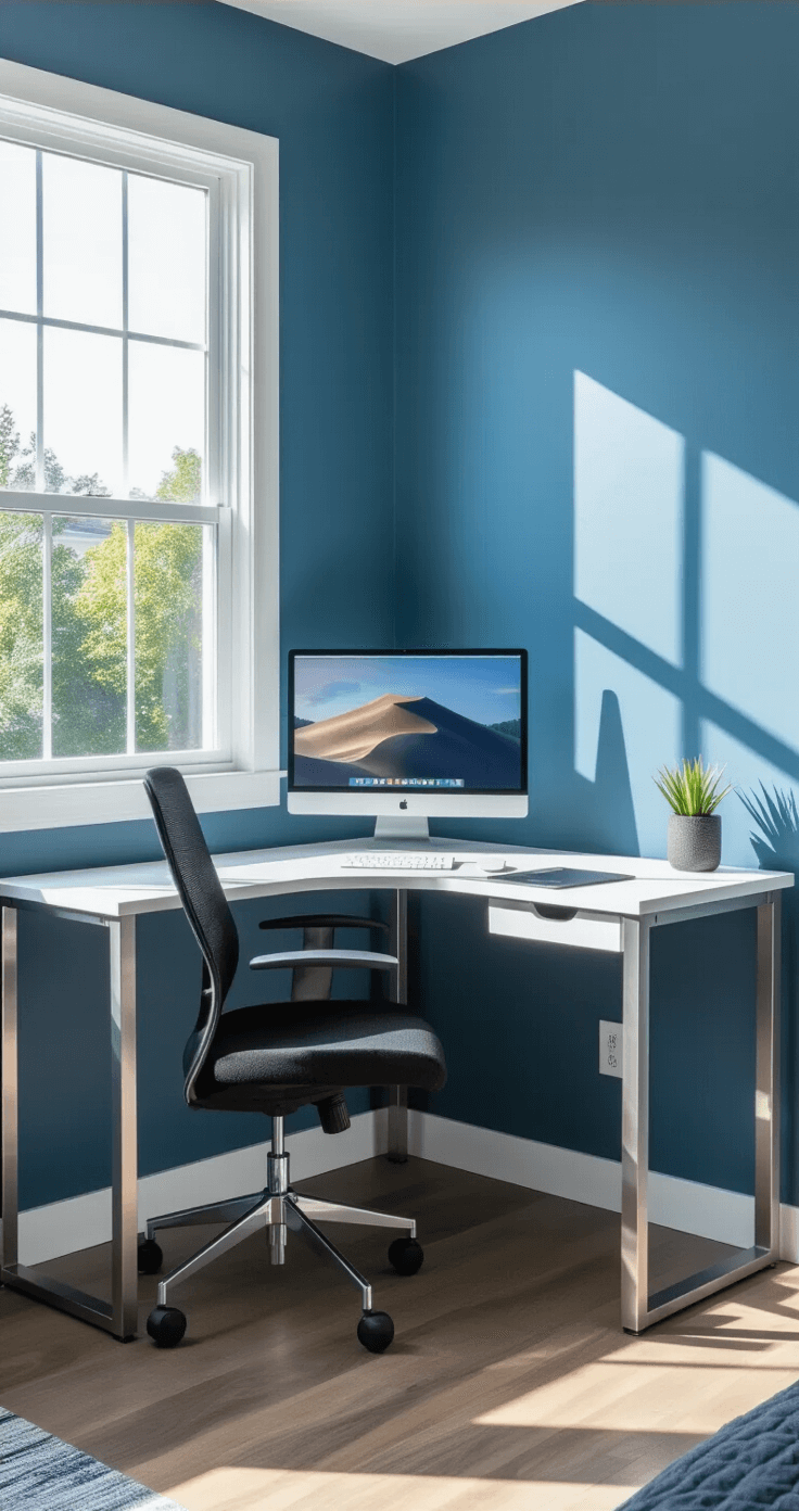 Contemporary corner desk setup in a compact bedroom featuring a white L-shaped desk with brushed steel legs, dual monitors, ergonomic black chair, and minimalist accessories against a soft blue accent wall, illuminated by natural light from a floor-to-ceiling window.
