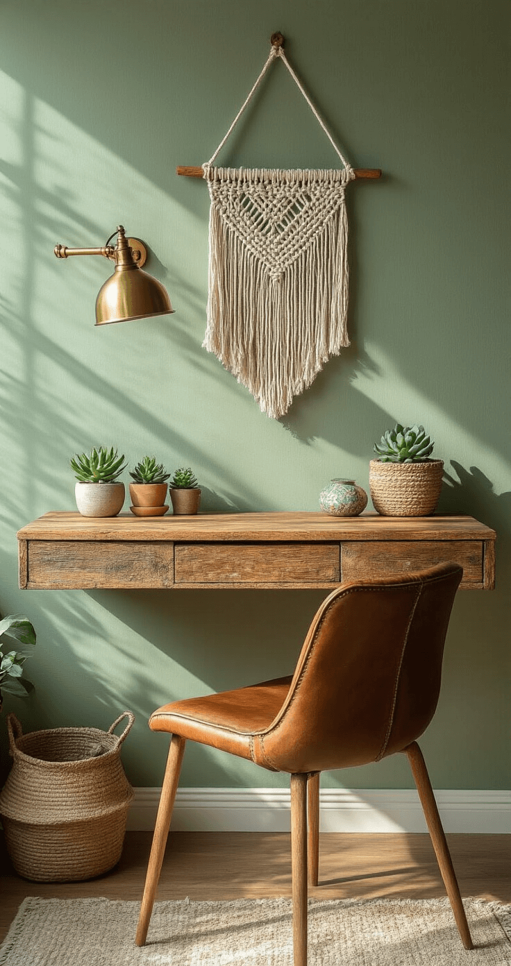 Bohemian-inspired floating desk mounted on a textured sage green wall, featuring a reclaimed wood surface and vintage brass lamp; adorned with macramé wall hanging, potted succulents, and a leather chair, illuminated by soft morning light.