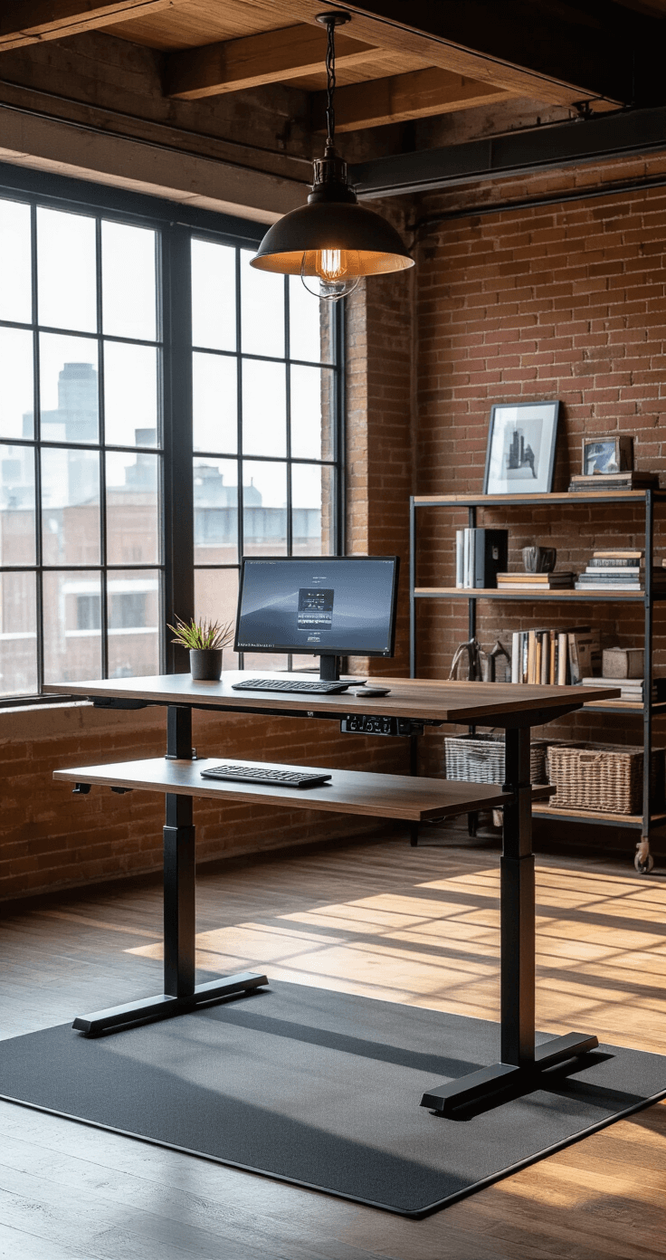 Industrial-modern adjustable standing desk with a black metal frame and walnut wood top in a loft-like bedroom, featuring large windows, electric height adjustment, USB ports, anti-fatigue mat, exposed brick wall, vintage pendant light, and open shelving, all illuminated by soft morning light.