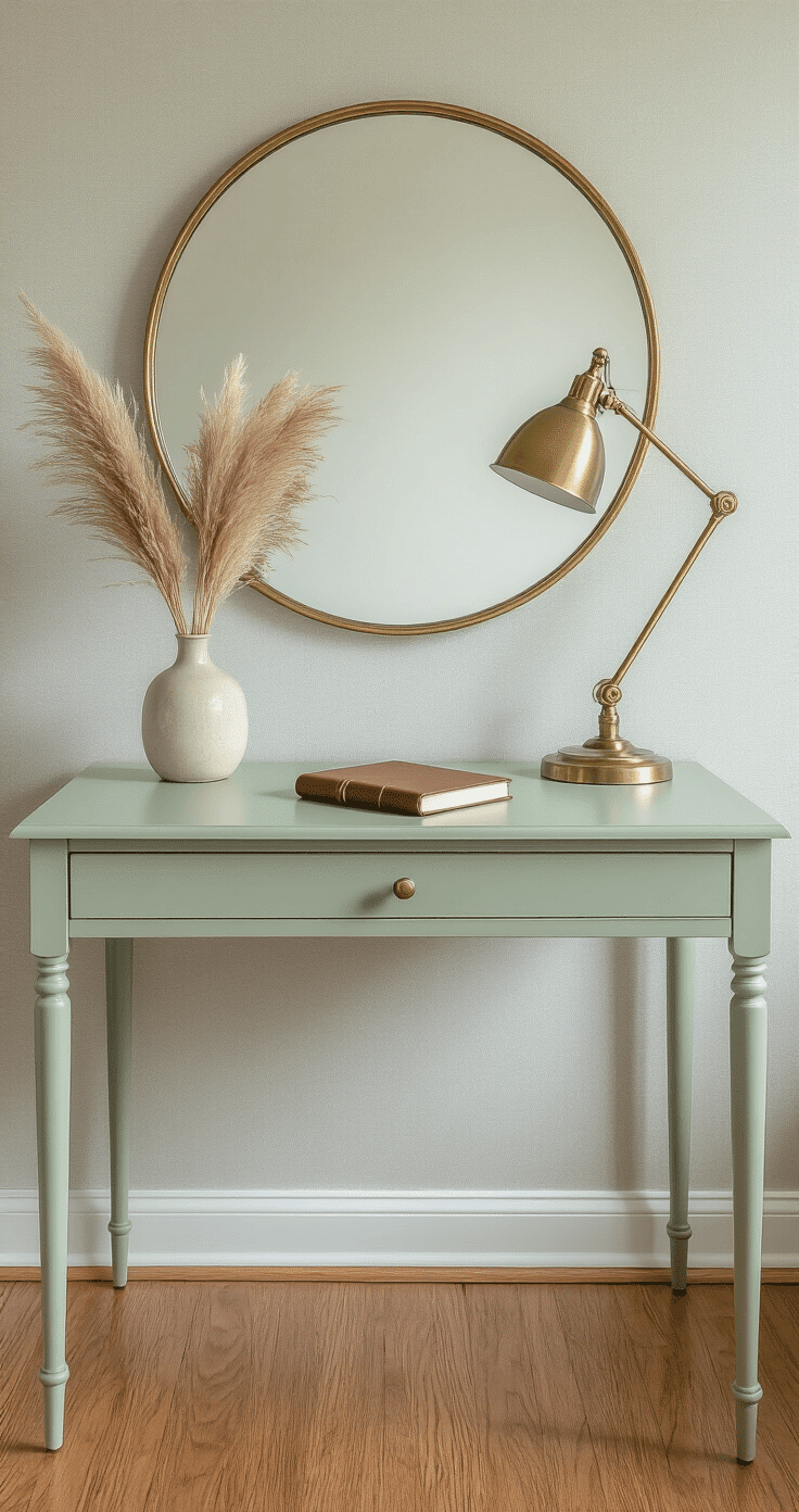 A compact pale sage green writing desk with tapered legs sits in a small bedroom beneath a round brass-framed mirror, styled with a vintage brass desk lamp, leather-bound notebook, and a single stem of pampas grass in a ceramic vase, against light gray textured walls and hardwood floors, bathed in soft natural light from a window.