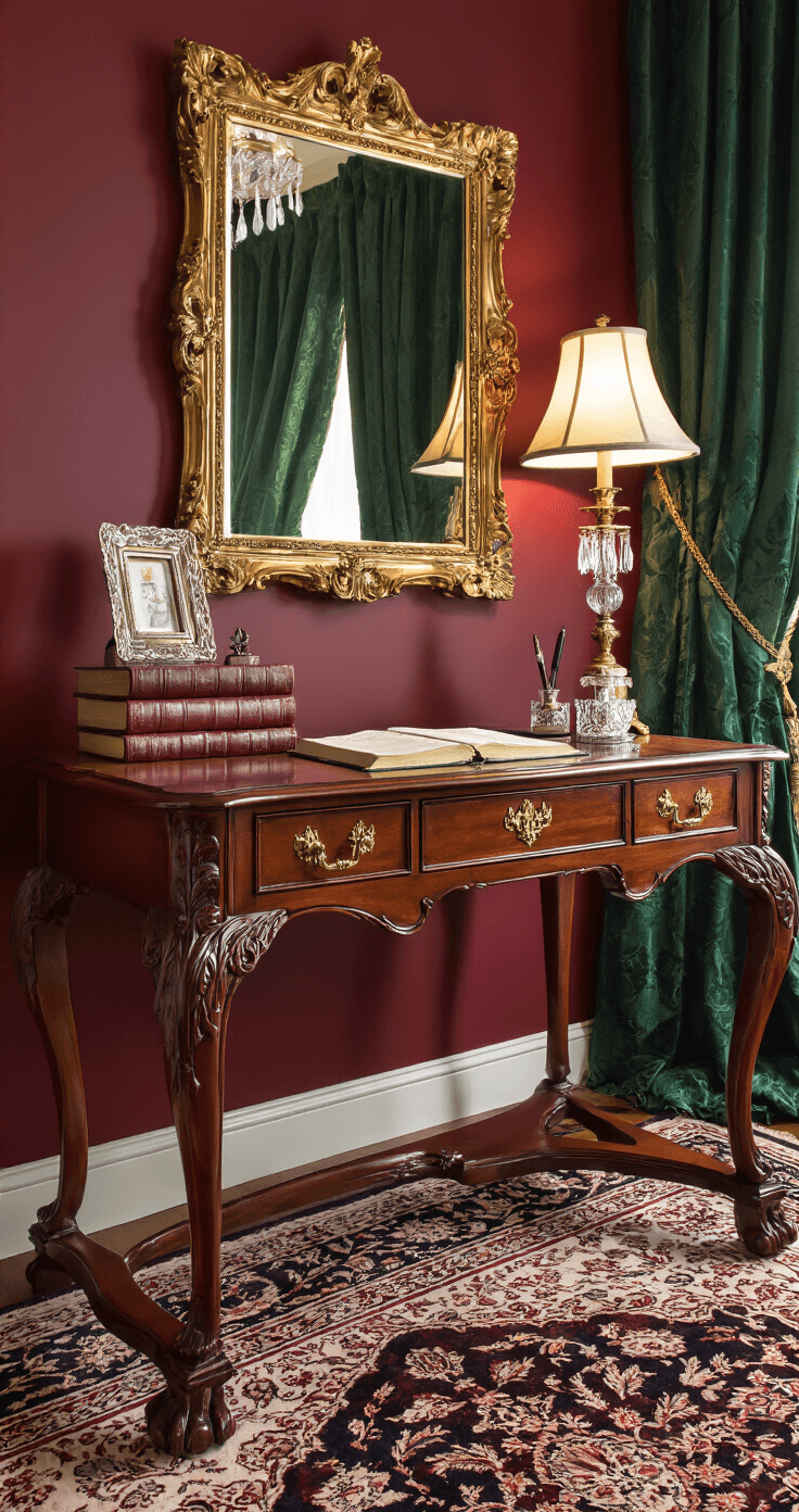 Traditional mahogany writing desk with ornate carved legs and brass hardware in a classic bedroom featuring deep burgundy walls, an antique Persian rug, vintage leather-bound books, a crystal desk set, and an heirloom silver picture frame, beneath an elaborate gold-framed mirror reflecting soft light from a vintage crystal lamp and surrounded by heavy emerald green damask curtains.