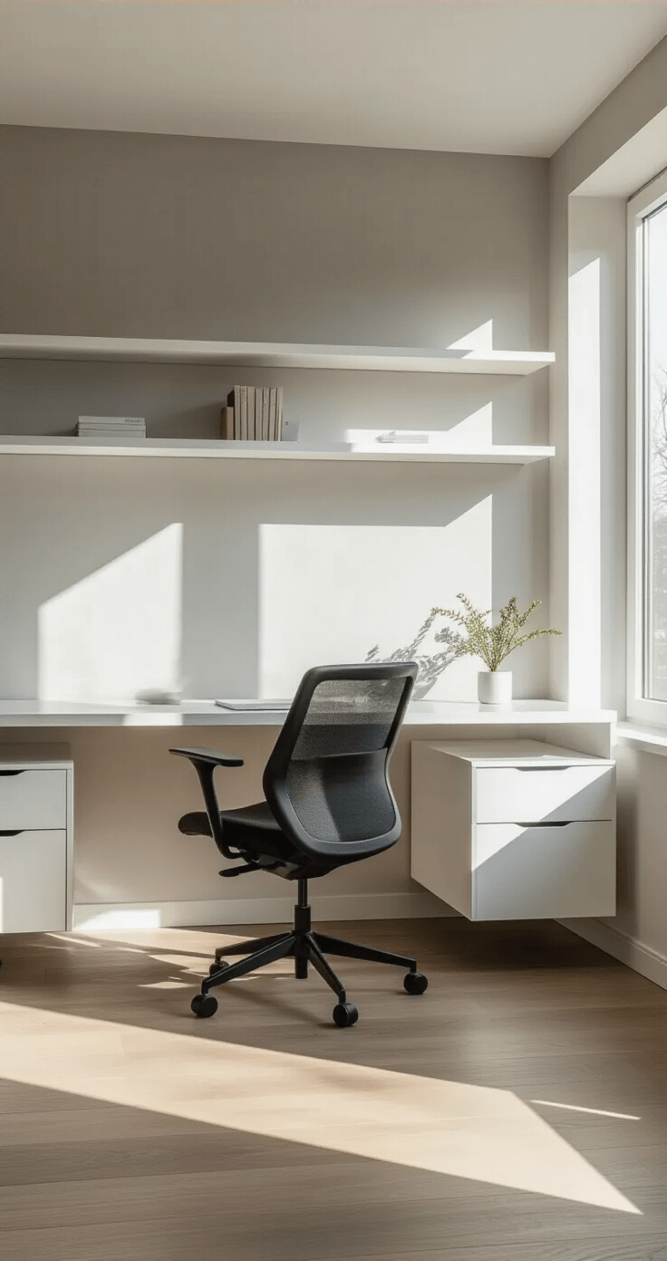 A modern minimalist home office featuring a white built-in desk and pale gray walls, bathed in soft morning light from large windows, with walnut shelving, an ergonomic black chair, and subtle cable management, captured in professional architectural style.