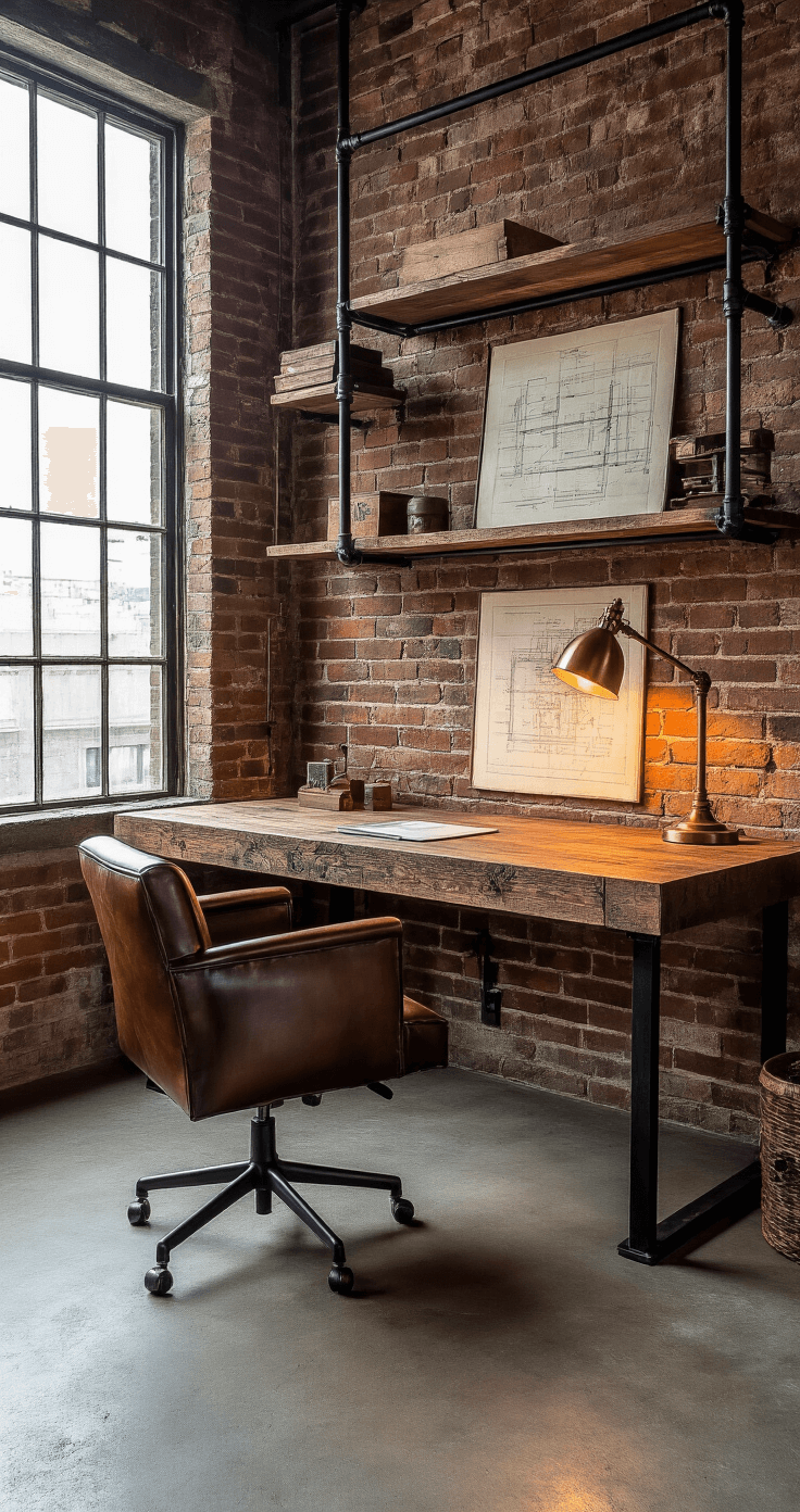 Warm industrial home workspace with reclaimed wood desk on exposed brick wall, raw steel brackets, matte black metal shelving, tobacco-brown leather chair, vintage brass lamp, textured concrete floor, and warehouse-style windows.