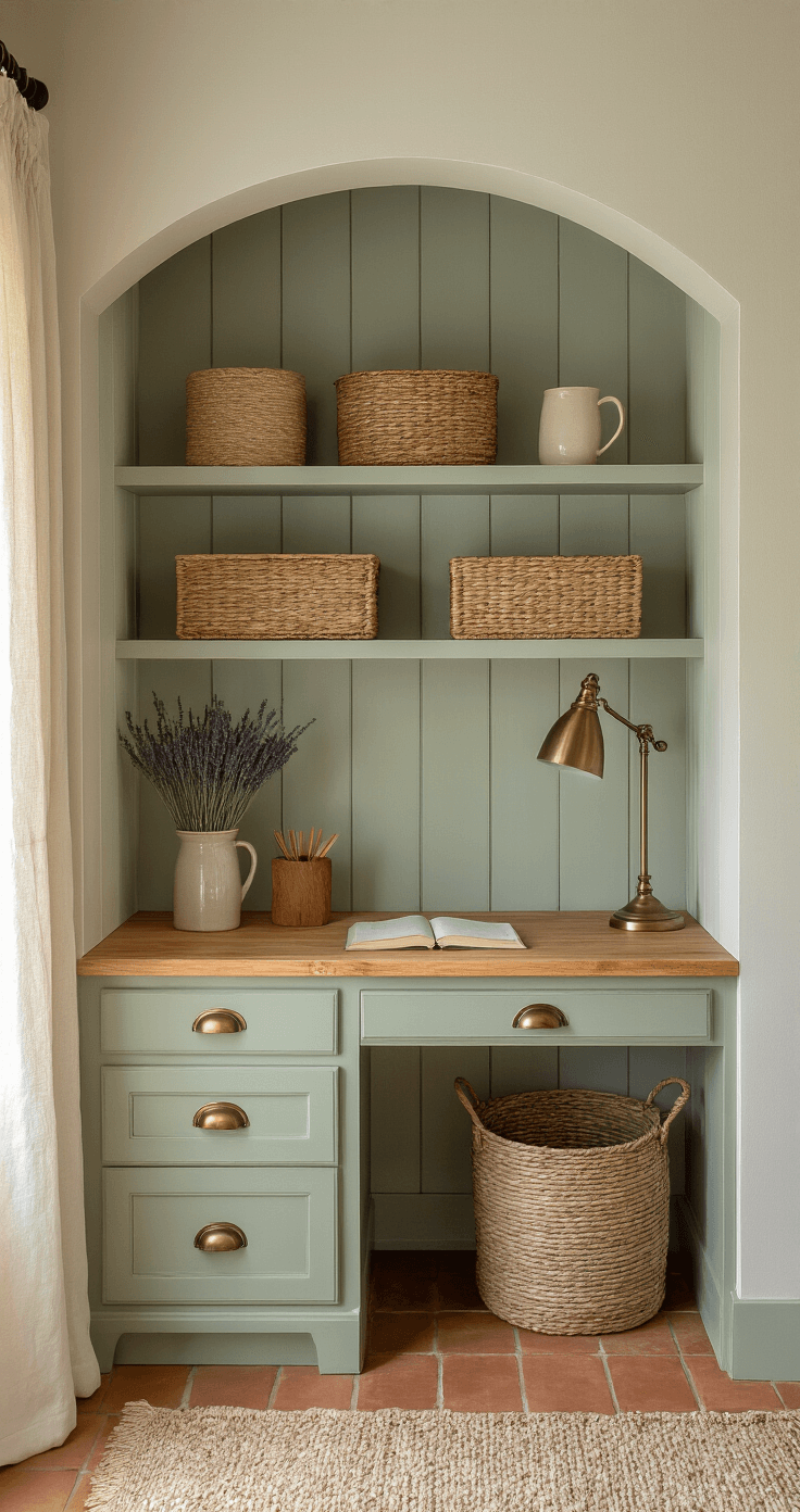 Built-In Desks: Everything I Learned From My DIY Workspace Disaster (And Ultimate Success) A cozy farmhouse-inspired desk nook featuring a sage green shiplap backdrop, butcher block desktop, vintage brass drawer pulls, and an antique brass task lamp. Open shelving displays woven baskets and dried lavender, with soft morning light filtering through muslin curtains, highlighting warm terra cotta floor tiles and textile textures.