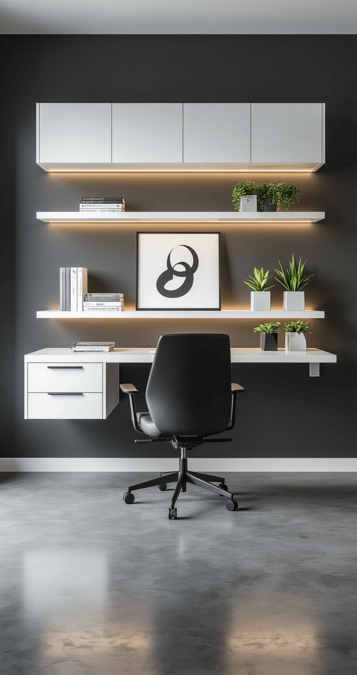 Sleek minimalist home office featuring a white lacquered built-in desk against a charcoal gray wall, complemented by a matte black ergonomic chair and a single abstract art piece, with high-gloss concrete flooring and geometric planters.