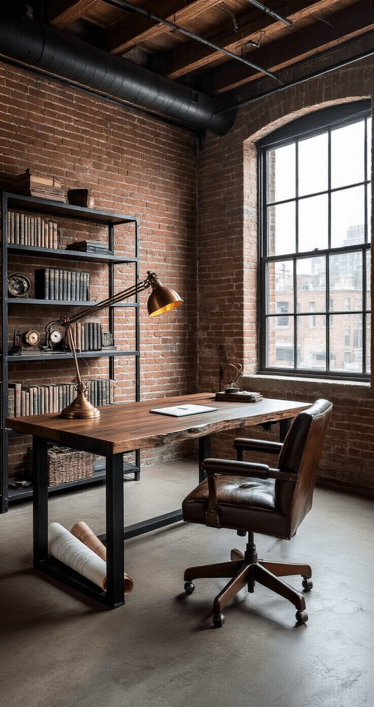 Urban loft-style workspace with a blackened steel desk, deep walnut live-edge top, exposed brick wall, vintage brass task lighting, distressed leather chair, architectural blueprints, oversized factory windows casting shadows, and open metal shelving with books and vintage instruments.