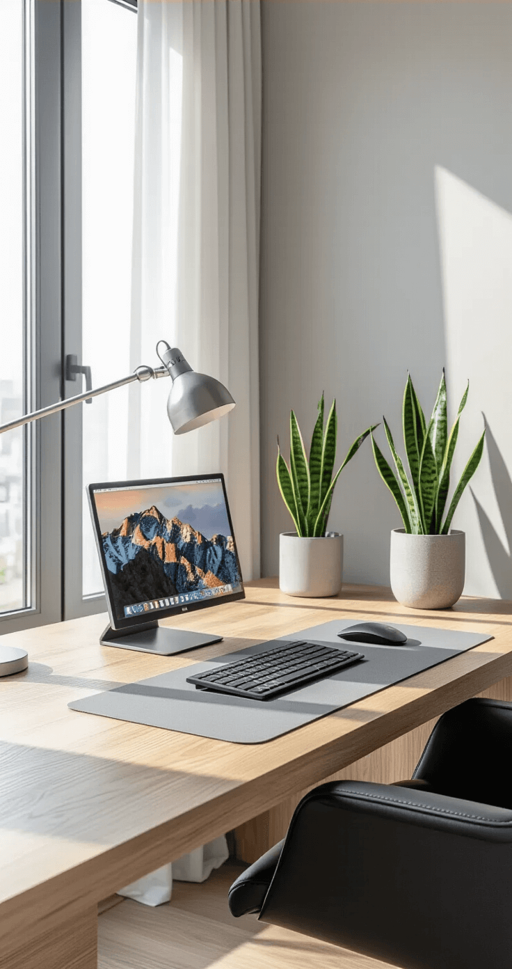 Ultra-realistic home office featuring a natural wood desk by a large window, soft grey walls, an ergonomic black leather chair, and a minimalist laptop stand, complemented by a single snake plant in a neutral ceramic pot, a wireless keyboard and mouse on a dove grey desk mat, and soft morning light filtering through sheer white curtains, with an aluminum desk lamp casting gentle shadows.