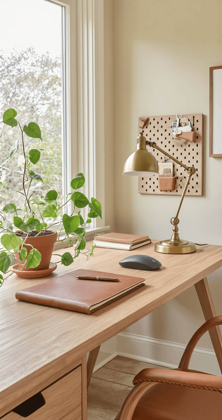 A warm and inviting home office featuring a light walnut desk, cream walls, a vintage brass task lamp, and a small pothos plant in a terracotta planter, arranged with muted earth-tone wireless peripherals and a pegboard organizer, all illuminated by soft natural light from a side window, captured from an offset angle to highlight depth and texture.