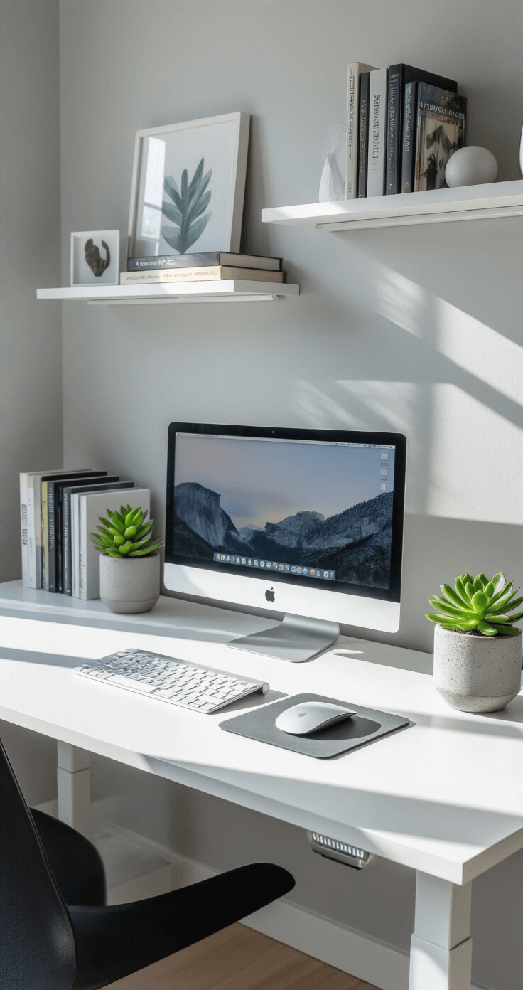 Minimalist modern workspace featuring a white standing desk, grey walls, sleek metallic silver peripherals, a green succulent in a concrete planter, curated books and art on floating shelves, an aluminum laptop stand, an LED light bar on the monitor, and tidy cable management, illuminated by soft morning light creating geometric shadows, captured from a low angle.