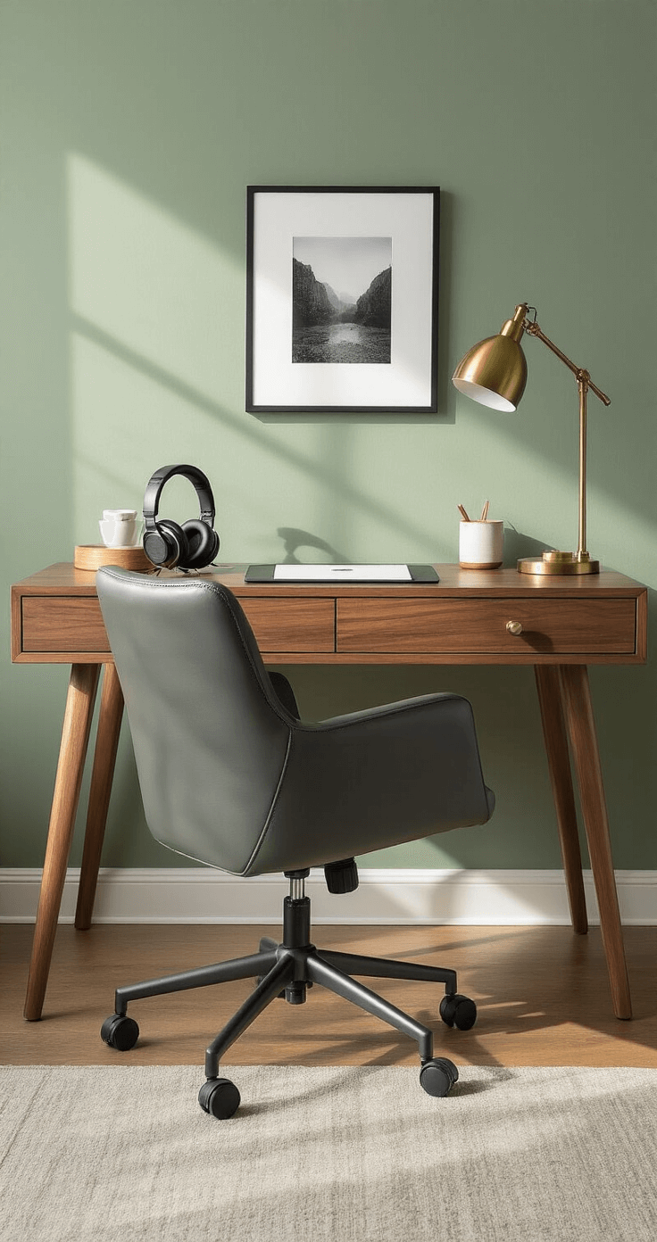 Elegant home office featuring a natural walnut desk, sage green accent wall, charcoal grey ergonomic chair, brass desk lamp, minimal leather desk mat, wireless noise-canceling headphones, a black and white photography print, and a ceramic desk organizer, all illuminated by warm morning sunlight from an elevated perspective.