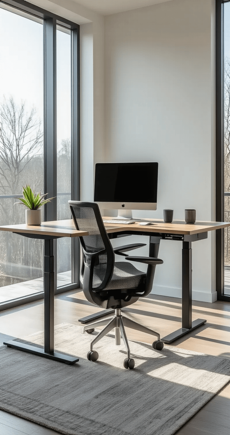 Ultra-modern home office featuring a sophisticated standing desk with a bamboo surface, ergonomic black mesh chair, and large floor-to-ceiling windows allowing natural light; designed in minimalist Scandinavian style with white walls and a muted gray color palette, emphasizing clean lines and functionality.