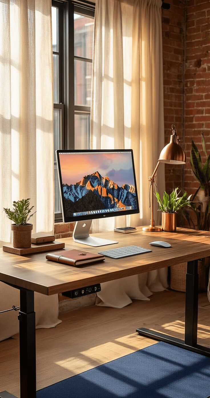 An ergonomic workspace featuring a dual-motor standing desk mid-transition, illuminated by warm amber light through linen curtains, set in an industrial loft with exposed brick walls; includes a MacBook Pro, leather-bound notebook, brushed copper desk accessories, a navy blue anti-fatigue mat, and a rich walnut desktop with visible desk mechanisms, all captured in professional photography with sharp focus and shallow depth of field.