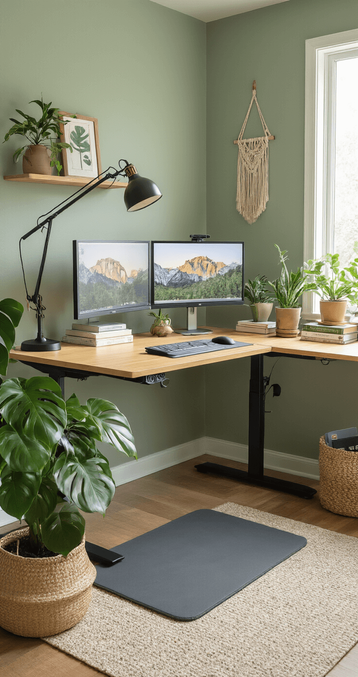 Cozy home office corner with an L-shaped bamboo standing desk, sage green walls, dual monitors on ergonomic arms, vintage lighting, memory foam floor mat, monstera plant, macramé wall hanging, design books, and warm natural light from a window.