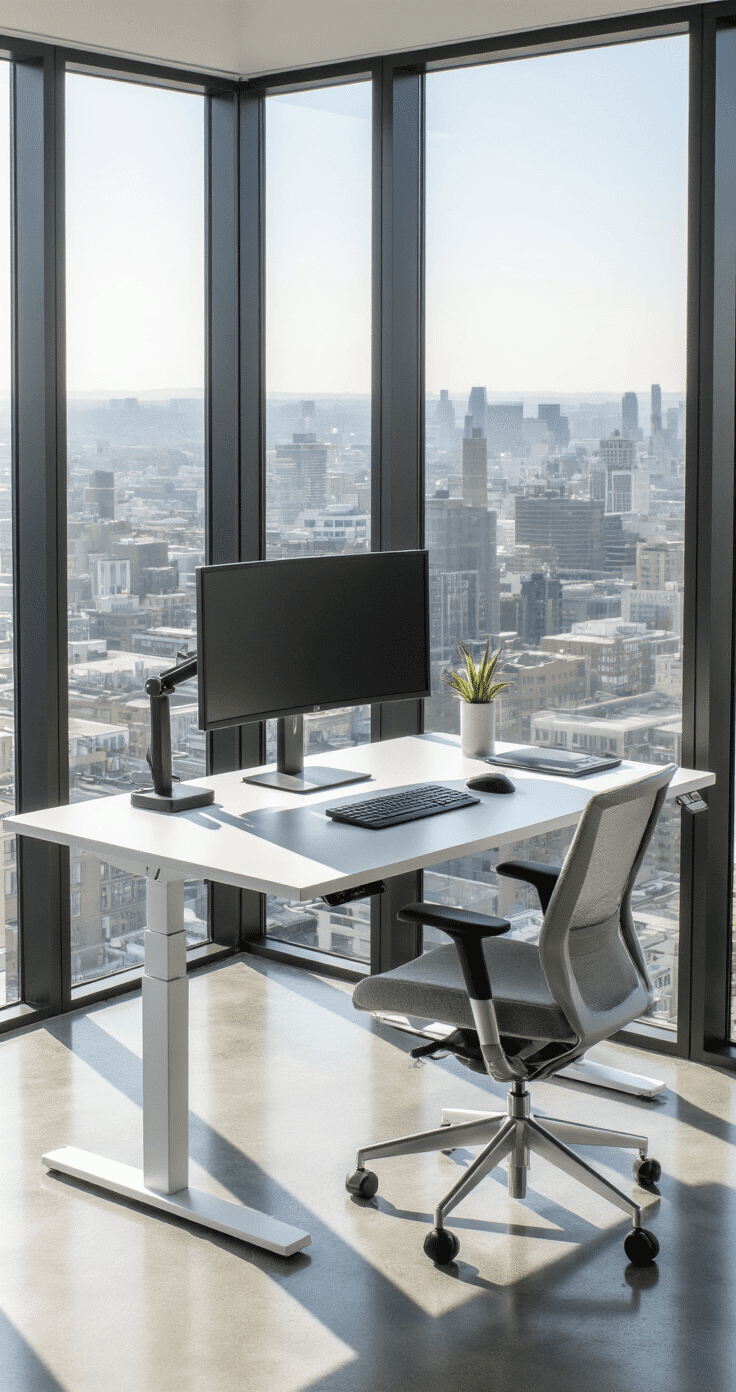 Sleek minimalist workspace featuring an electric standing desk with a carbon fiber textured desktop, a matte black monitor on an articulating arm, and an ergonomic Herman Miller chair, all illuminated by morning light through massive floor-to-ceiling windows, with a backdrop of an urban landscape and an architectural concrete floor.