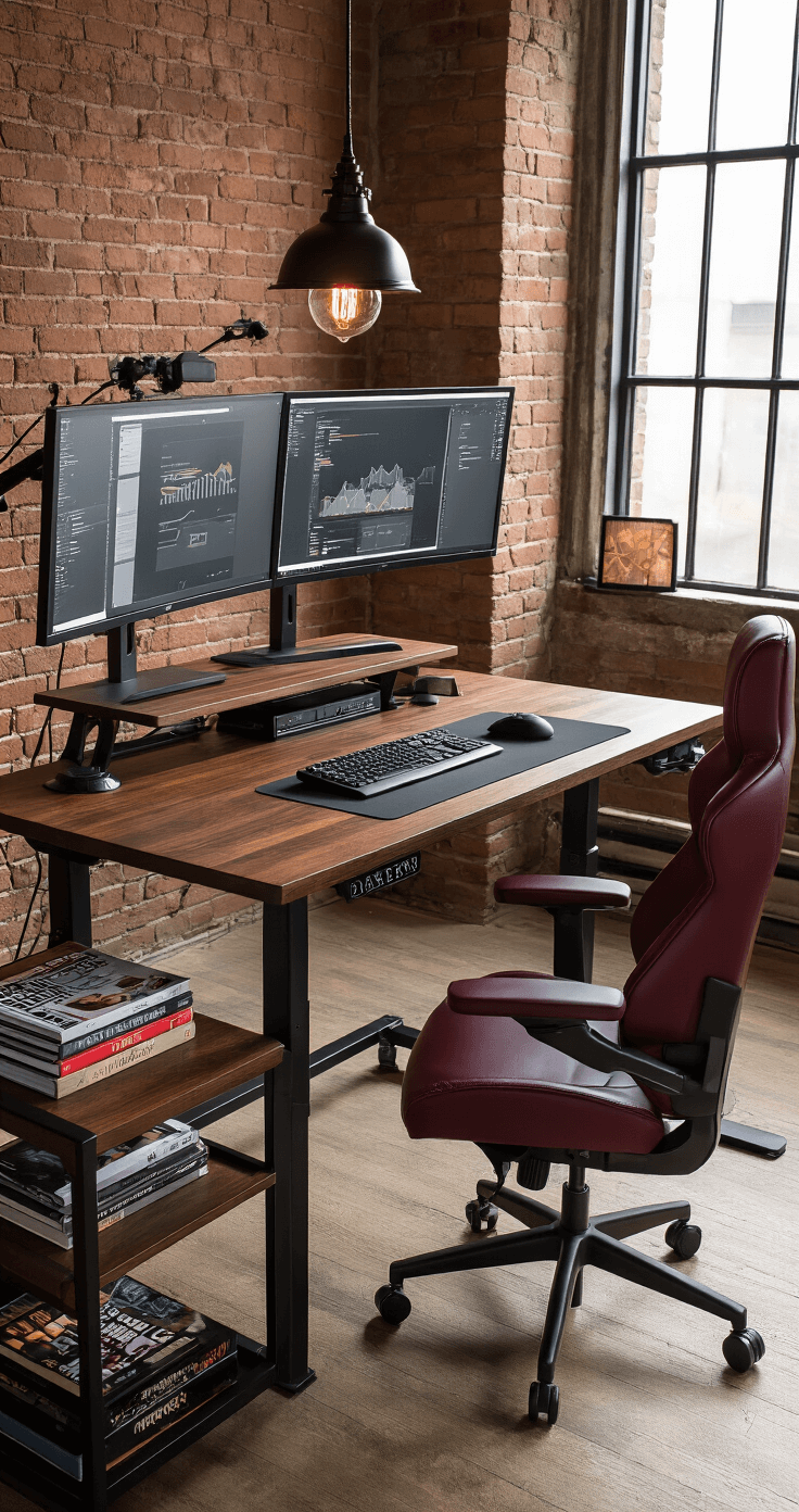 A high-performance home workspace featuring a dual-motor standing desk in walnut finish with a matte black metal frame, three 4K monitors on articulating arms, a burgundy leather ergonomic gaming chair, and an exposed brick accent wall, illuminated by vintage pendant lighting and morning light casting dramatic shadows.