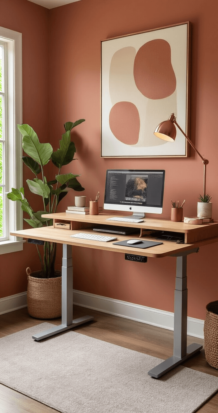 A modern professional's standing desk setup in a mid-century inspired home office featuring soft terracotta walls, a large abstract art piece, a bamboo desktop with subtle wood grain, rose gold desk accessories, an integrated device charging station, adjustable task lighting, and a comfortable heather gray anti-fatigue mat, illuminated by gentle morning light.