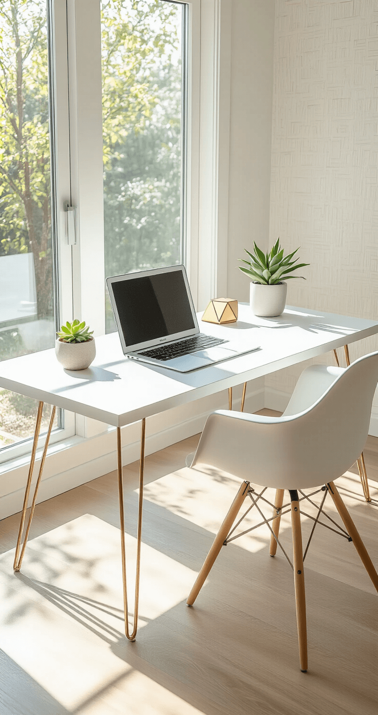 A modern home office featuring a minimalist white desk with metallic hairpin legs and an ergonomic white chair, illuminated by morning light through floor-to-ceiling windows, designed in soft neutral tones with hardwood floors and subtle wallpaper, showcasing a sleek laptop, a small succulent, and geometric brass desk accessories.