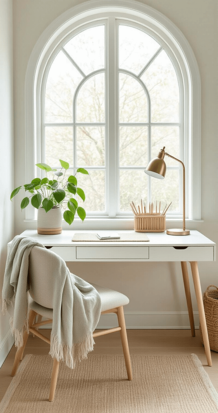 A Scandinavian-inspired white desk setup in a bright corner featuring natural wood accents, a pale birch legged desk, a bamboo organizer, and a sage green pothos plant, all bathed in soft diffused daylight.