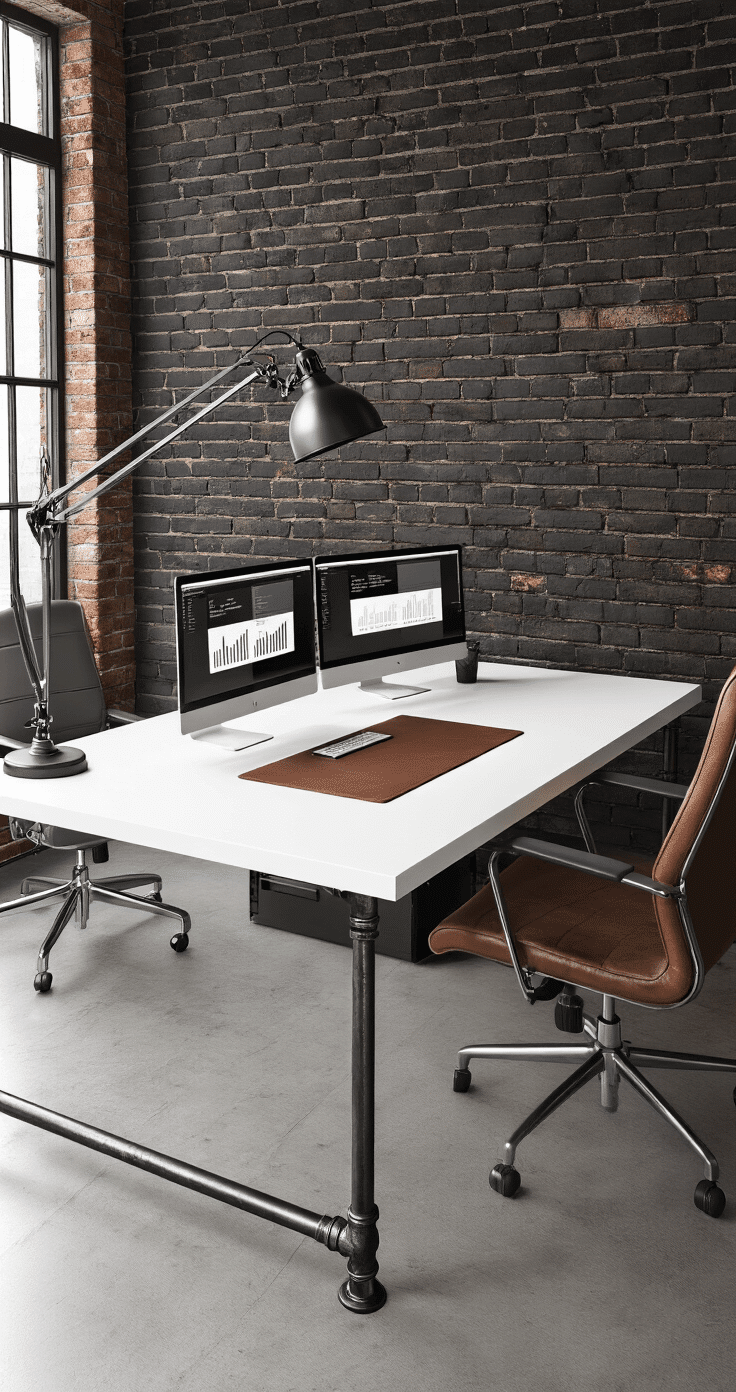 Industrial loft-style workspace with a white matte-finish desk and gunmetal pipe legs, against a deep charcoal exposed brick wall. Features include a vintage task lamp, leather desk pad in tobacco brown, multiple monitors, and a graphite gray ergonomic chair, highlighted by dramatic side lighting.