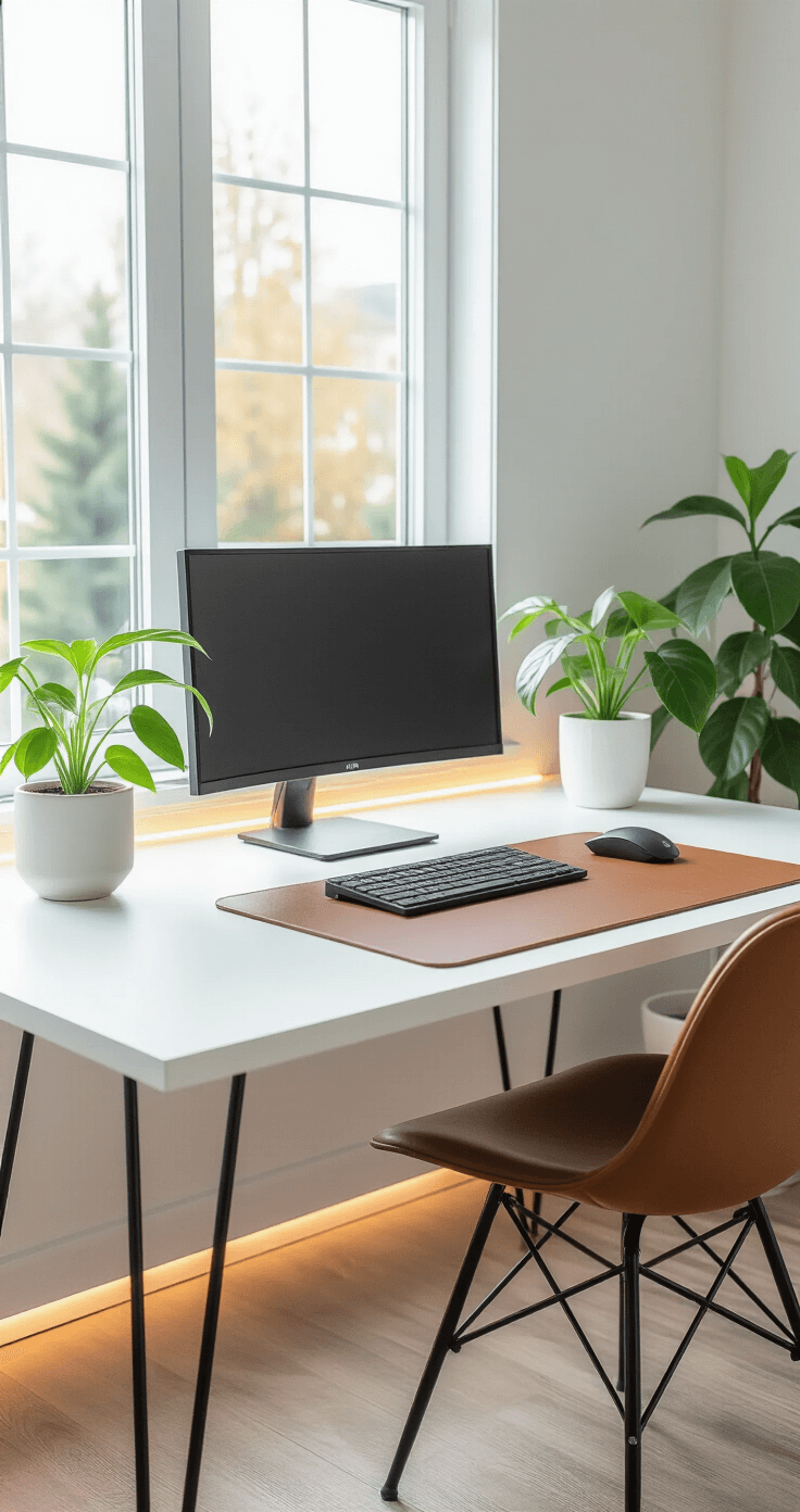 Ultra-detailed minimalist home office featuring a white desk with black hairpin legs, a large north-facing window, a black monitor arm holding a 27-inch display, a wireless keyboard and mouse on a cognac leather mat, a pothos plant in a white pot, and warm LED lighting behind the monitor, all captured at eye level.