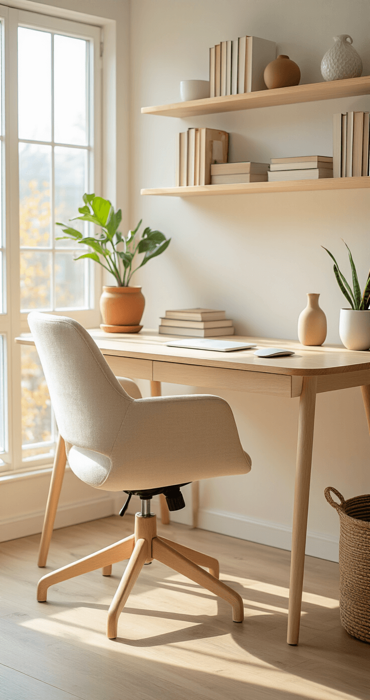A warm Scandinavian workspace with a light birch wood desk, cream-colored ergonomic chair, and large windows letting in soft morning light, featuring floating wooden shelves with books and a ceramic vase, a ZZ plant in a terracotta pot, and minimal cable management for a bright and functional atmosphere.
