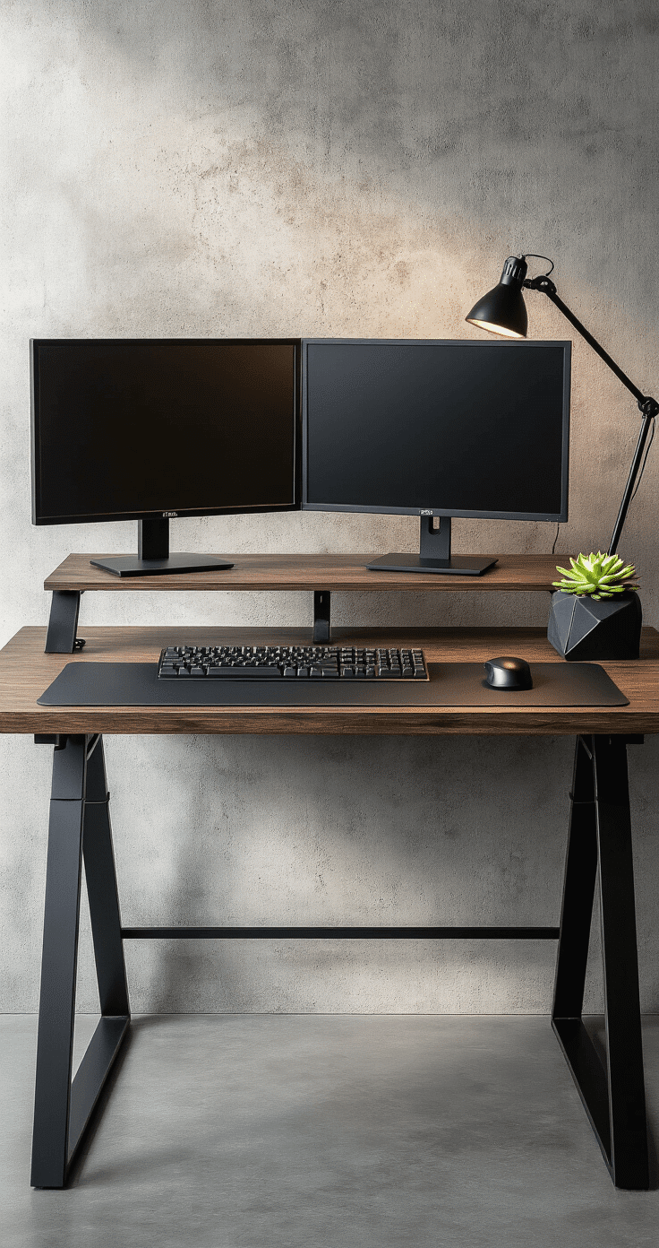 Industrial desk setup featuring a dark walnut surface, matte black metal A-frame legs, and dual monitors. The scene includes brushed metal task lighting, a deep charcoal leather desk mat, a wireless mechanical keyboard, and a single architectural succulent in a geometric planter, all against a textured concrete wall, highlighting technological sophistication with dramatic shadows.