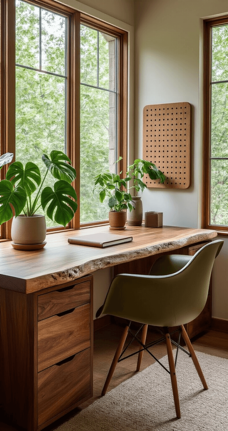 A natural organic workspace featuring a live-edge walnut desk near large windows with a view of greenery, an olive green mid-century modern chair, a floating wooden pegboard, a Monstera deliciosa in a ceramic pot, ambient LED lighting, a leather-bound notebook, and minimal tech accessories, all enhancing the connection between indoor and outdoor environments.