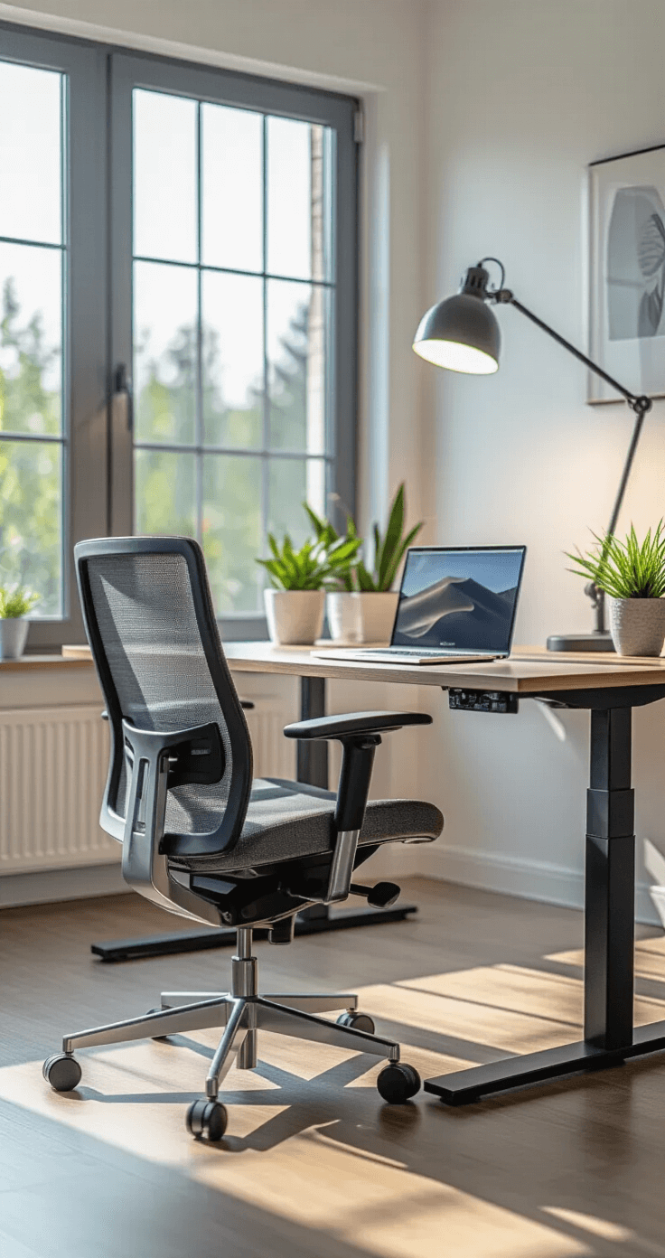 Ultra-detailed ergonomic home office featuring a slate gray modern office chair, a minimalist wooden desk, and natural light streaming through large windows, showcasing a comfortable and organized workspace with precise posture and thoughtful design elements.