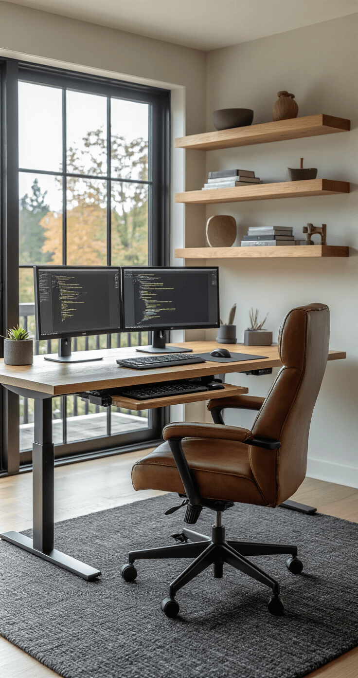 Sophisticated home workspace featuring a premium ergonomic leather executive chair in deep cognac brown, a natural oak standing desk with electric height adjustment, a multiple monitor setup on articulating arms, and a custom maple wood keyboard tray, all complemented by a textured charcoal wool area rug and minimalist wall-mounted shelving, with soft ambient lighting and a panoramic view.