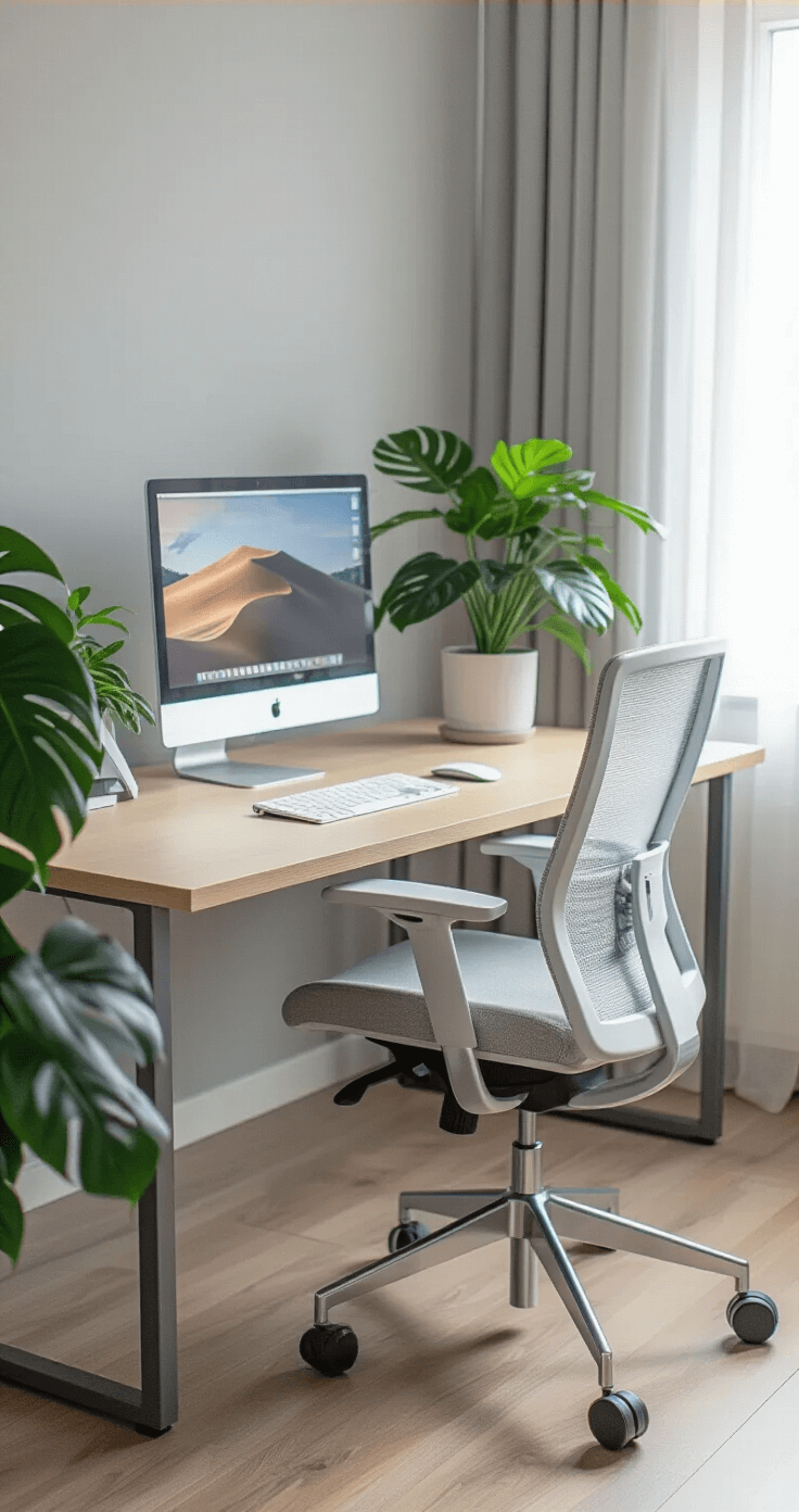 A modern Scandinavian-inspired home office featuring a light birch wood desk, a white mesh ergonomic chair, an eye-level monitor on an aluminum stand, a mechanical keyboard, integrated cable management in matte graphite, and a potted monstera plant, all illuminated by natural daylight through sheer white curtains against a soft gray textured wall.