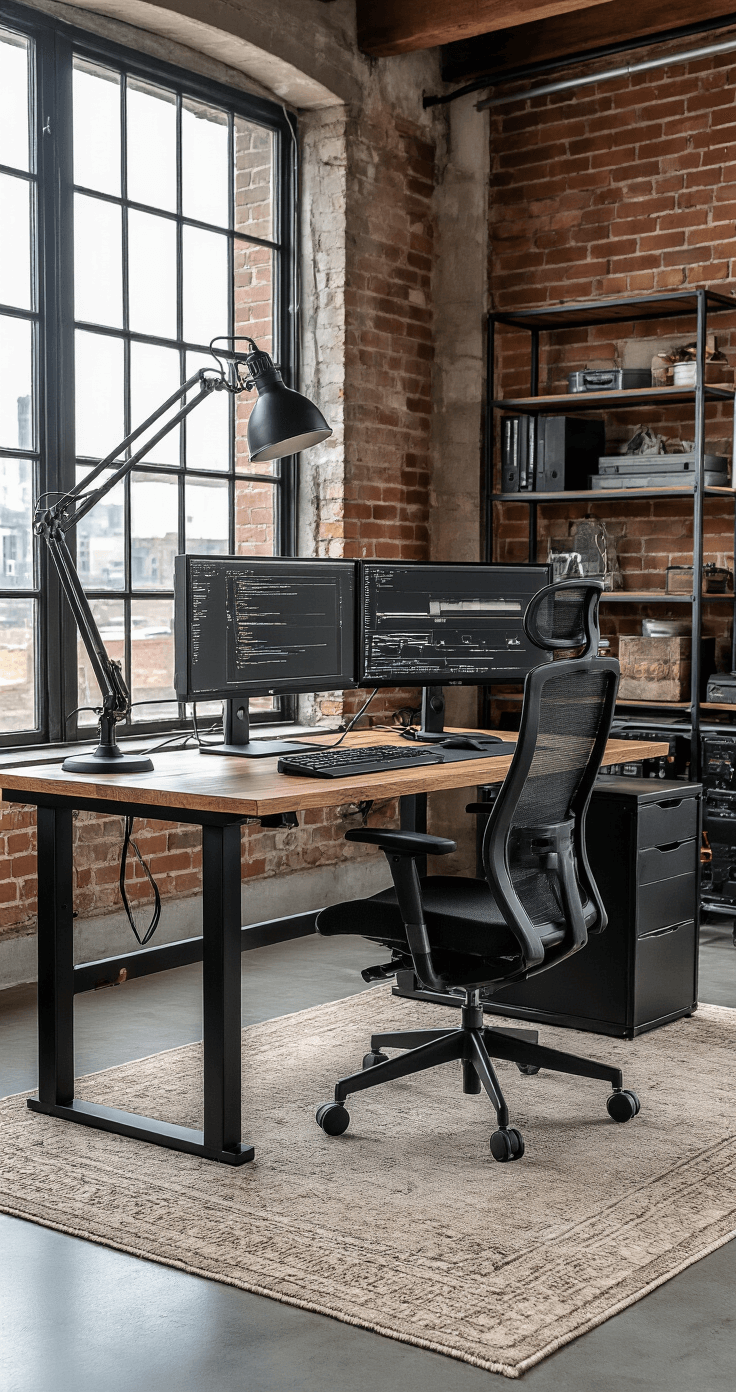 Industrial-chic home workspace featuring a black metal frame standing desk, ergonomic brushed steel chair, dual monitors on articulating arms, custom wood keyboard platform, vintage task lamp, exposed brick wall, concrete floor with area rug, and organized cable management system.