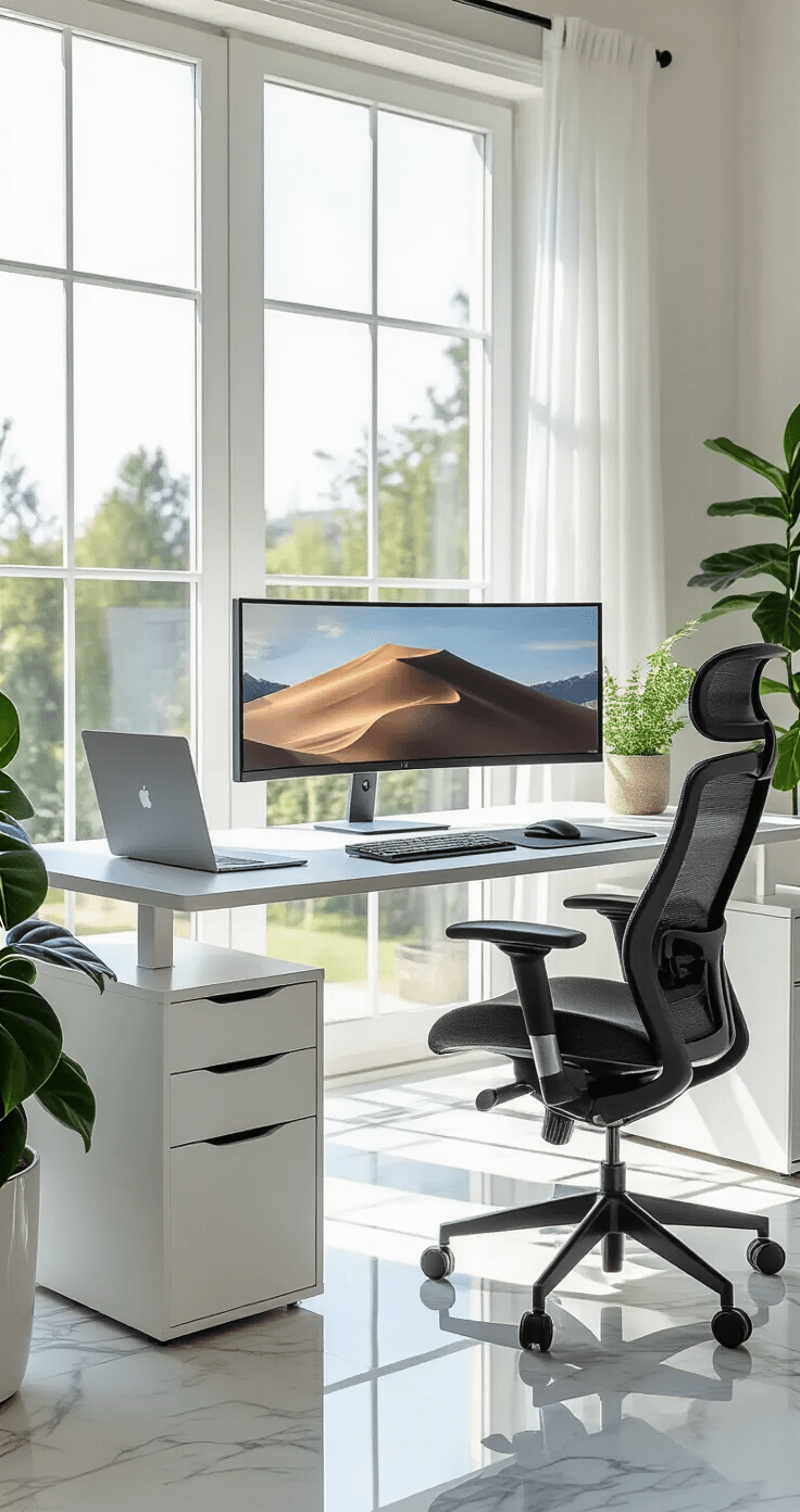 Minimalist home office featuring a pure white modern desk, a graphite Herman Miller Aeron chair, a large curved ultrawide monitor on a gas spring arm, a compact Bluetooth mechanical keyboard, a wireless mouse on a precision pad, and an Apple MacBook Pro on a sleek stand, all illuminated by soft natural light from floor-to-ceiling windows, with marble tile flooring and a subtle houseplant for an organic touch, emphasizing workspace ergonomics and clean design.