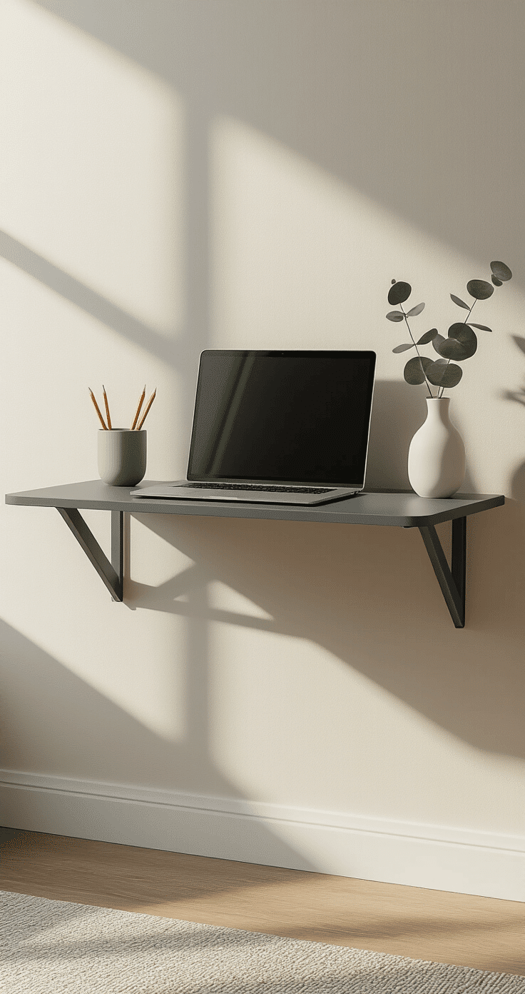 Ultra-minimalist hallway workspace featuring a wall-mounted matte charcoal gray foldable desk at 36 inches above hardwood floor, with soft morning light through a frosted window, showcasing a sleek uncluttered surface with a slim laptop, sage green pencil cup, and eucalyptus in a white vase, against warm greige walls.
