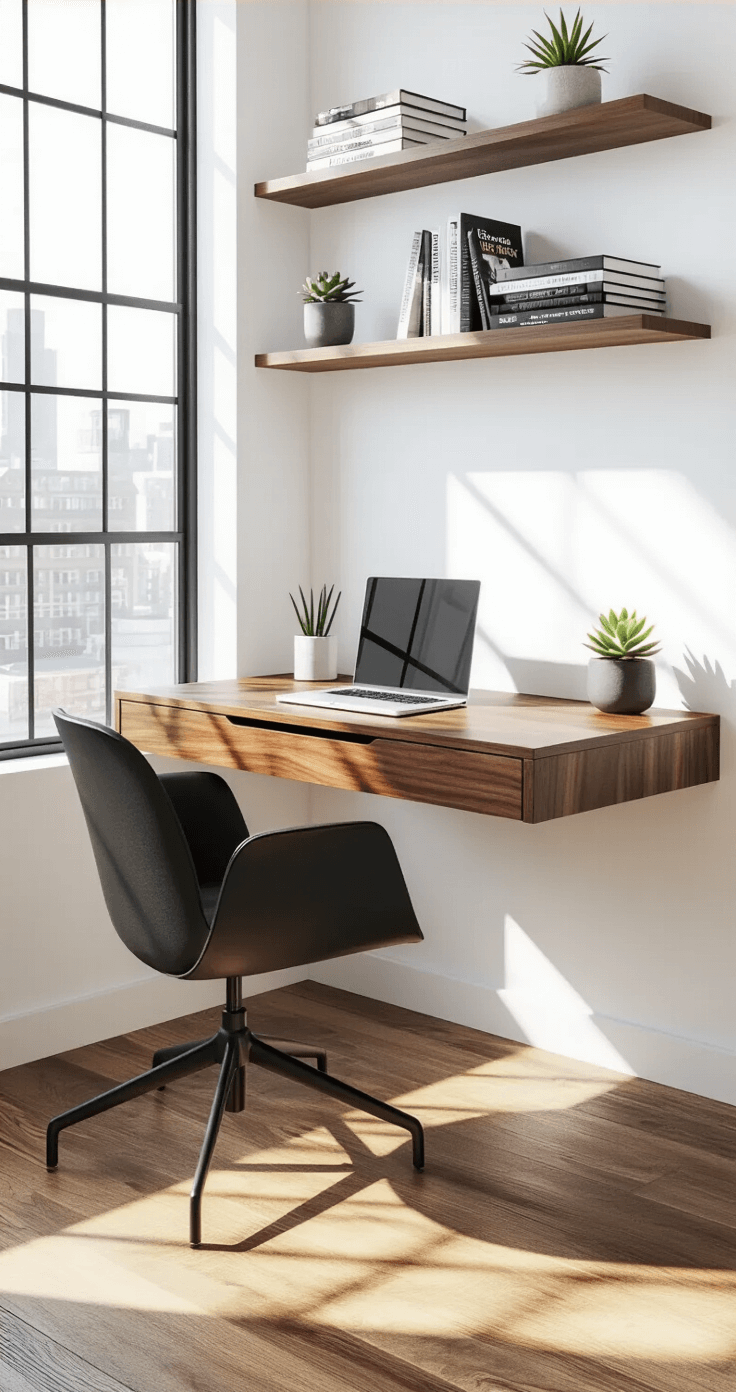 A compact corner floating desk made of rich walnut wood mounted against a white wall in a modern urban studio apartment, featuring an integrated cable management system and an ergonomic height. Morning sunlight streams through an industrial-style window, highlighting a sleek black ergonomic chair tucked underneath. Above the desk, matching walnut floating shelves hold design books and a small potted succulent, showcasing a space-efficient and thoughtfully designed interior.