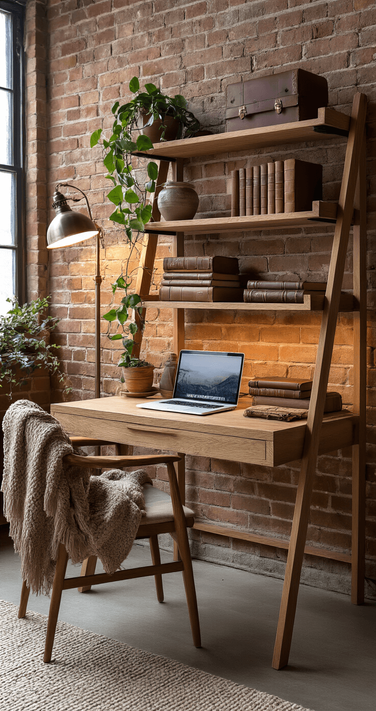 Ladder-style desk made of natural oak wood leaning against an exposed brick wall in a bohemian loft, featuring integrated shelves with vintage leather-bound notebooks, soft ambient lighting from a floor lamp, a laptop on the lower surface, and a woven throw on a nearby chair.
