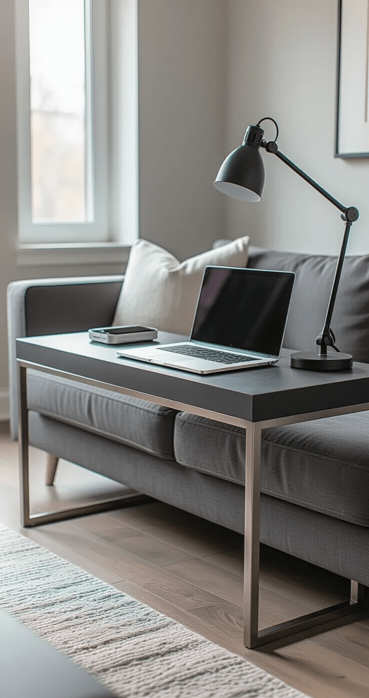 Narrow charcoal gray console table behind a low-profile sectional sofa in a minimalist living room, featuring a laptop, wireless charging pad, and desk lamp, all bathed in soft north-facing light.