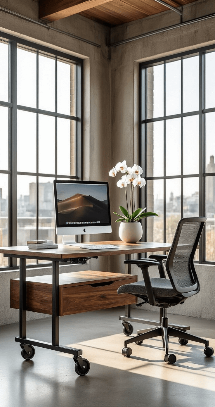 Mobile rolling laptop cart made of brushed steel and walnut wood in an industrial-chic home office, featuring a C-shaped base, smooth-rolling casters, and an ergonomic graphite gray chair, surrounded by large windows with soft light, concrete flooring, and exposed ceiling beams, styled with minimal tech accessories and a single stem orchid in a matte white pot.