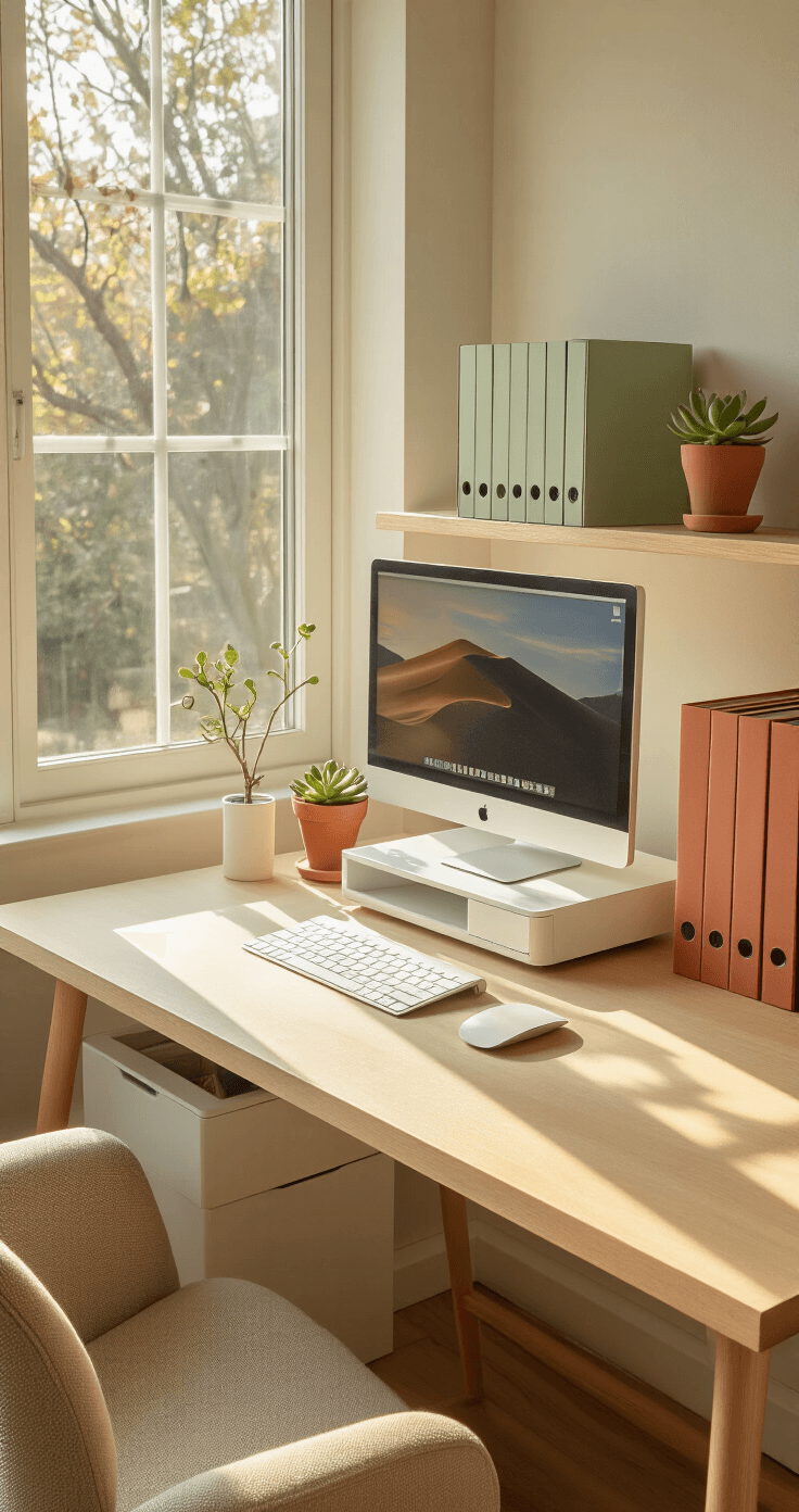A minimalist study desk organized with a white monitor riser, cable management clips, a color-coded vertical file system in sage green and terracotta, and a potted succulent on a maple wood shelf, all illuminated by soft morning sunlight.
