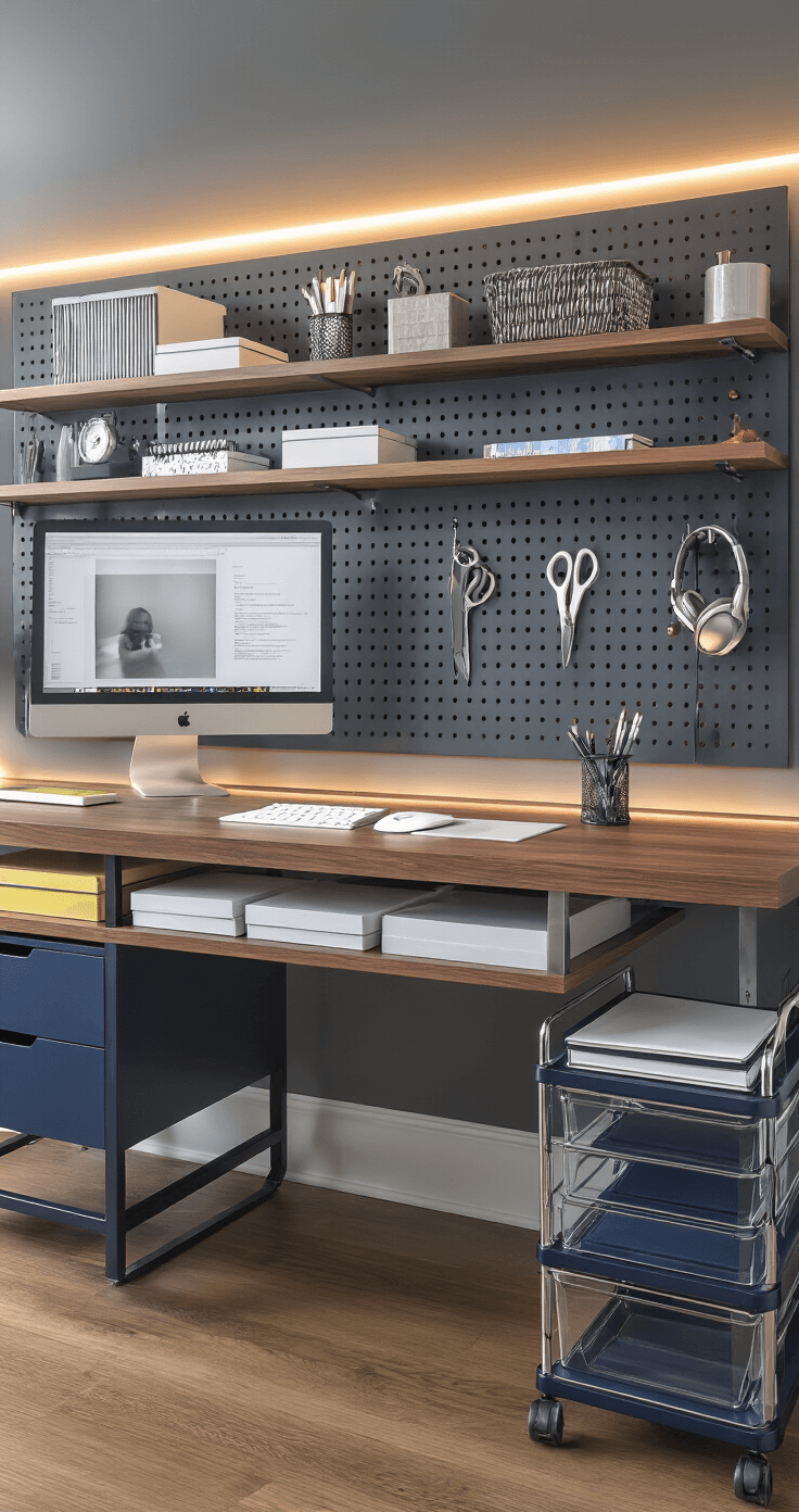 A stylish home office featuring a rich walnut standing desk against a charcoal gray pegboard with metallic accessories, a deep navy blue rolling storage cart, and colorful acrylic desktop organizers, illuminated by ambient side lighting.