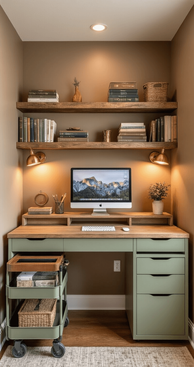 A cozy study nook featuring warm taupe walls, reclaimed wood floating shelves filled with textbooks, a compact desk with a monitor stand and storage, brushed copper magnetic wall organizers, a sage green vintage rolling cart, and soft ambient lighting, viewed from a slightly elevated angle.