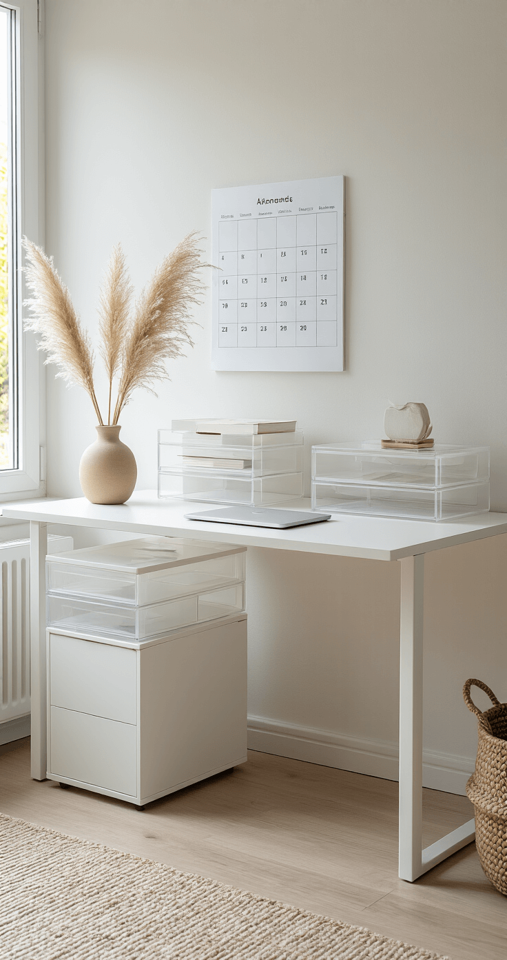 A minimalist Scandinavian study area featuring a pure white desk with integrated cable management, stackable translucent acrylic organizers, a wall-mounted calendar, a single dried pampas grass stem in a ceramic vase, and natural light illuminating the space.