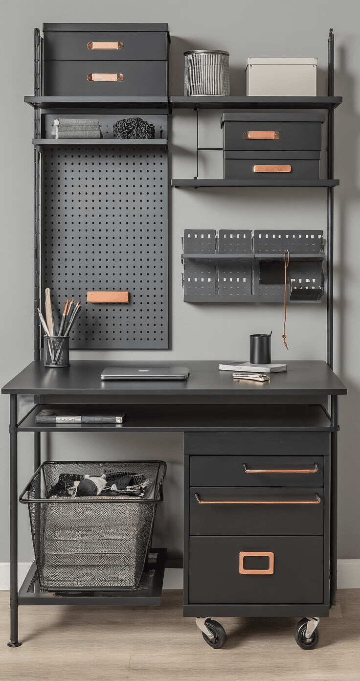 An industrial-modern study workspace with a matte black metal desk, wall-mounted gunmetal pegboard, hanging leather cord organizers, deep charcoal rolling storage cart with copper hardware, and a monochromatic gray color-coded file system, all captured from a low angle emphasizing vertical storage solutions.
