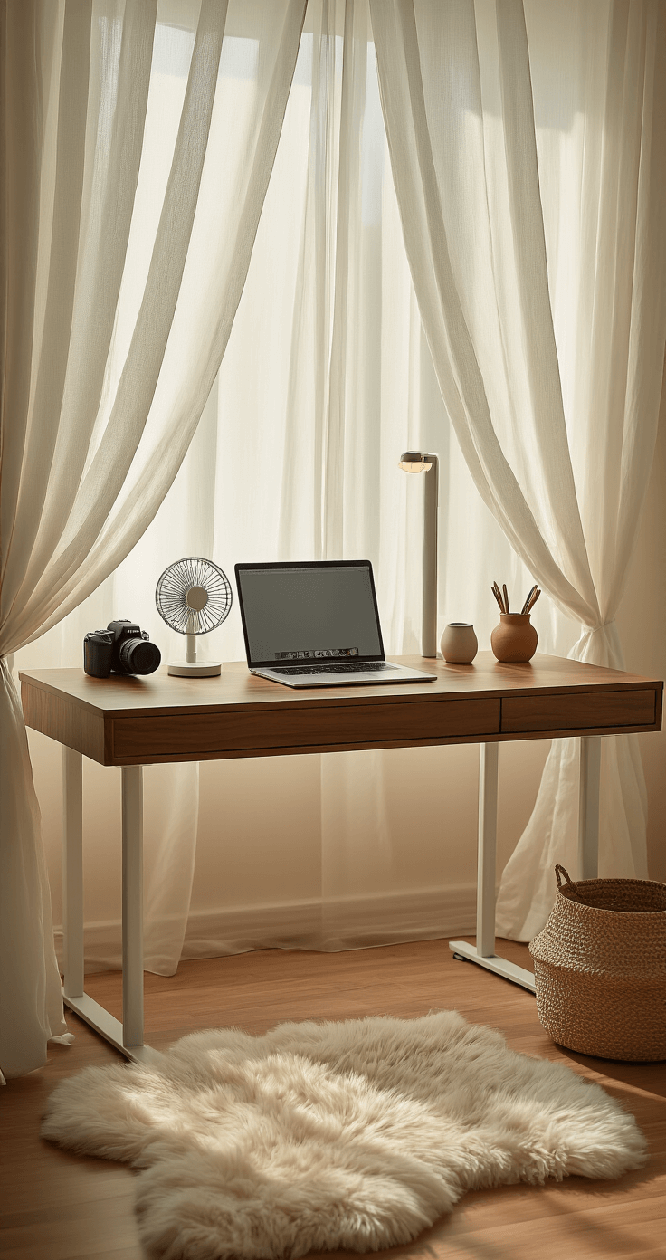 A serene workspace with a standing desk on a walnut surface, surrounded by sheer white curtains. The warm terracotta and muted sage color palette features a small USB fan, a handmade ceramic pen holder, and soft string lights for illumination, with a faux sheepskin rug underneath. Captured with a Leica lens, highlighting the textures and cozy atmosphere.