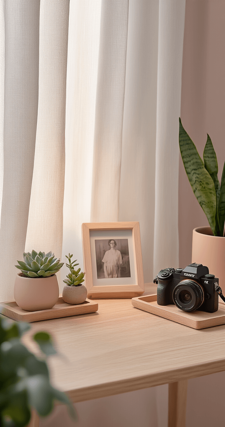 Minimalist desk setup in a corner with sheer curtains, featuring a blush pink and warm grey color scheme, a framed photograph, a small succulent in a ceramic pot, a dimmable task lamp, wooden desk organizers, and a ZZ plant, captured with a shallow depth of field.