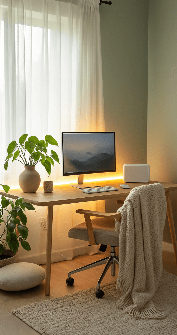 Cozy workspace with warm LED strip lights, natural wood desk, ergonomic chair with a throw blanket, small meditation cushion, pothos plant in a ceramic vase, white noise machine, and soft sage green accent wall, illuminated by morning light through sheer curtains.